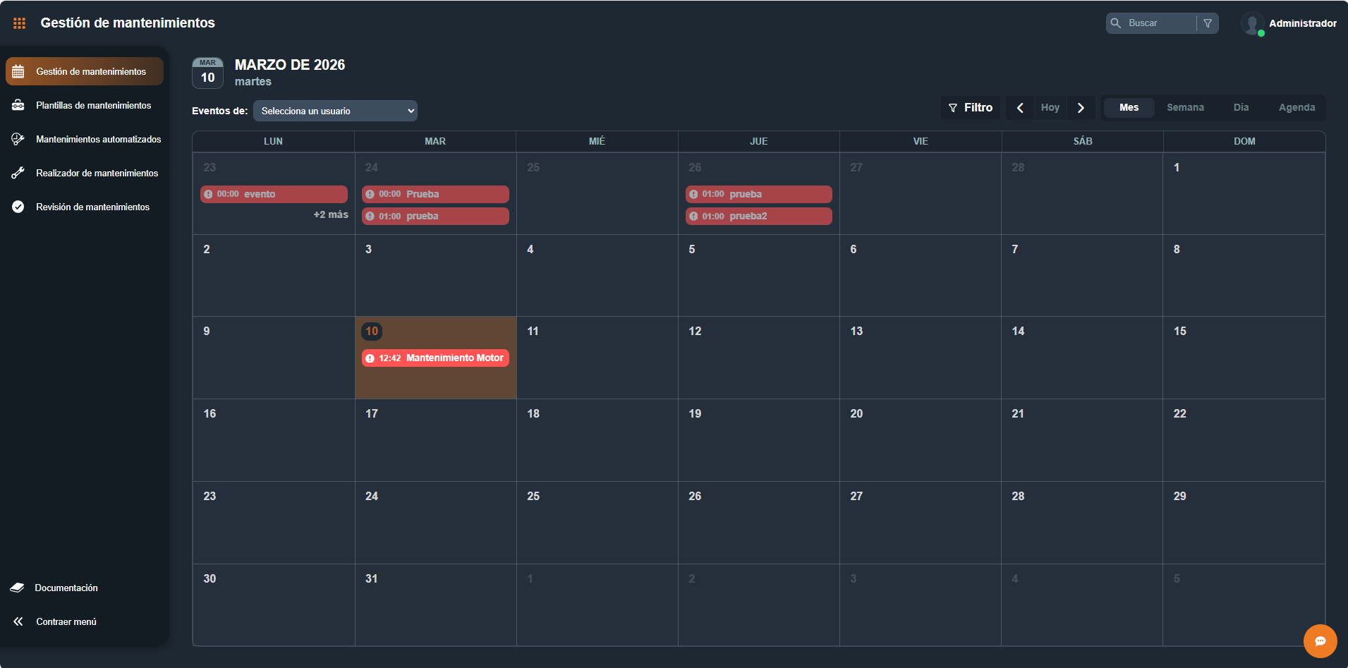 Vista general del calendario del módulo Gestión de mantenimiento