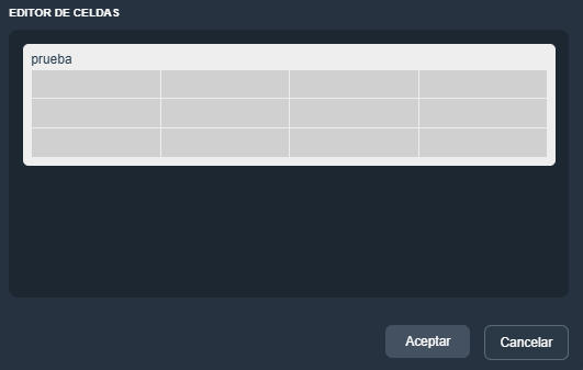Editor de celdas del elemento de tabla en modo diseño de plantillas en la interfaz gráfica de Dragsa